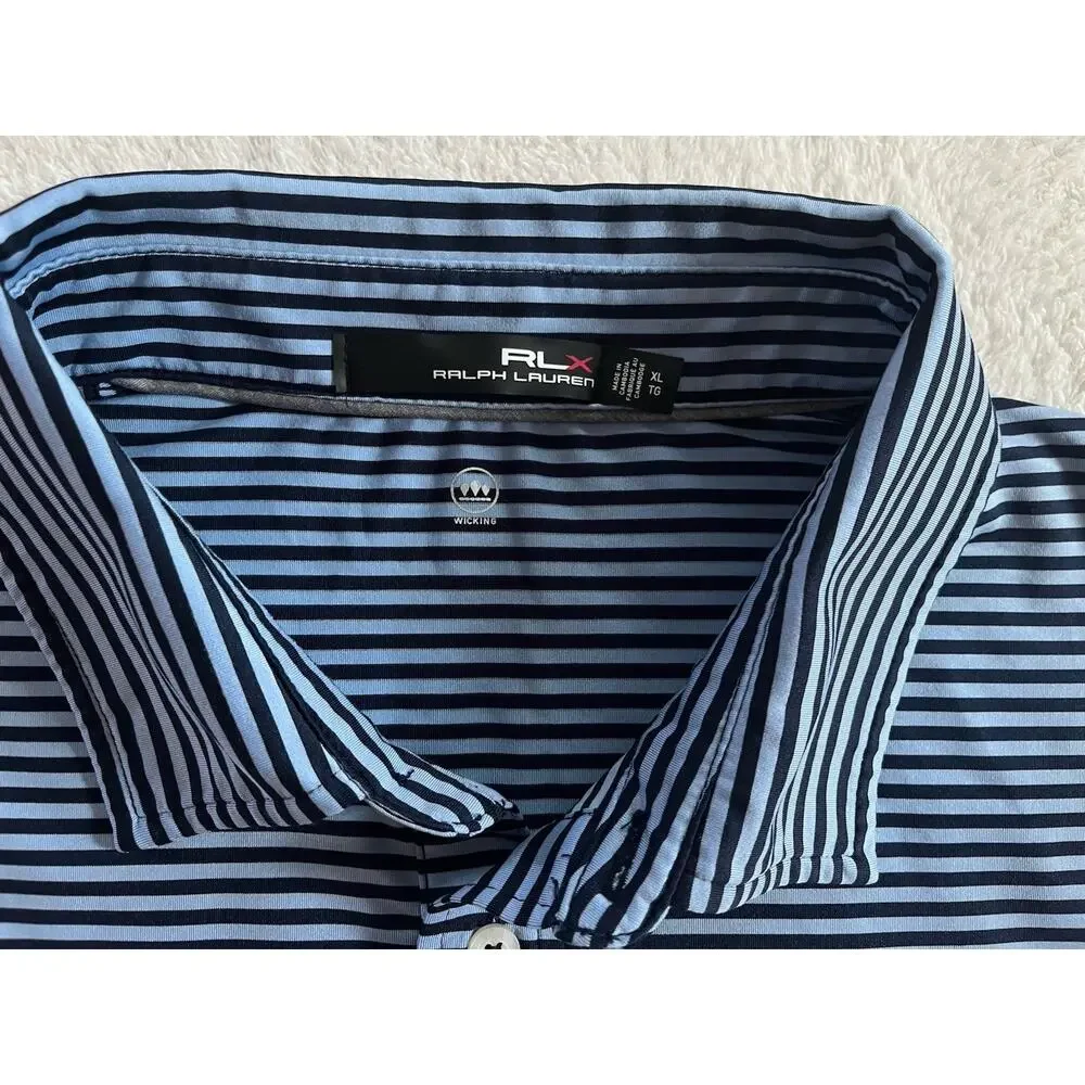 Ralph Lauren RLX Polo Shirt Mens XL Blue Striped Linville Golf Club NC Wicking